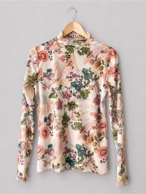 Daily Practice Floral Mesh Mock Neck Top Sheer Long Sleeve Boho Blouse